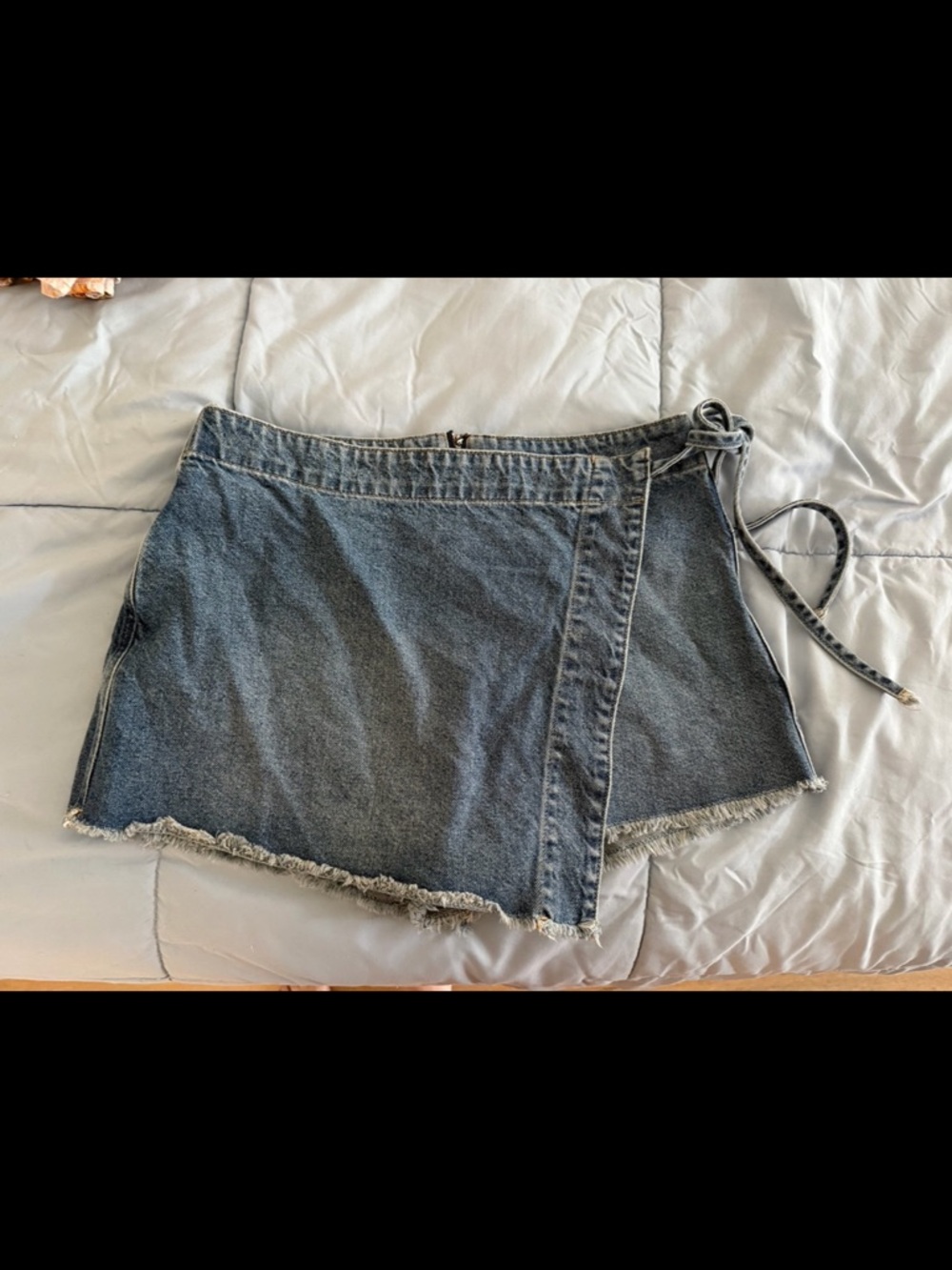 Free People Washed Blue Denim Wrap Skort with Frayed Hem
